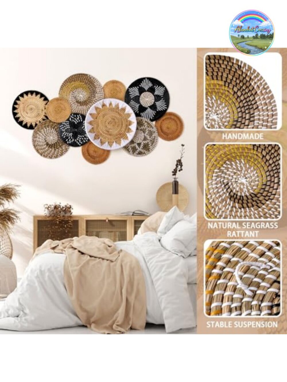 11 Pcs Boho Hanging Wall Basket Decor Handmade Woven Bulrush Art Set - Picture 2 of 6